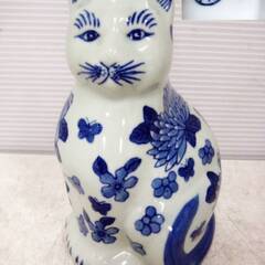 座り猫　招き猫 染付　置物　ねこ　縁起物 ネコ 商売繁盛 金運 ...