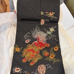 正絹唐織九寸名古屋帯 唐獅子牡丹鞠 黒地金 糸大嶋織逸品美品