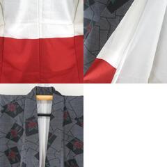 紬 着物 大島紬 黒色ｘ灰色ｘ赤色 四角に花模様 袷 バチ衿 正絹 仕立て上がり着物 身丈158cm 【キモノオフ野々市若松店】の画像