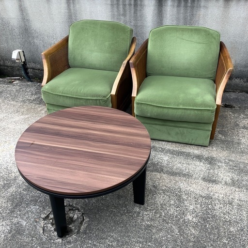 ?【マルニ木工/2点セット】シングルソファ　ブランド家具　藤張り　肘付き　ラタン　レトロ　ヴィンテージ　ビンテージ　アンティーク　ブラ