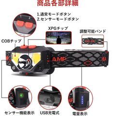 *センサー搭載★ LED ヘッドライト USB充電 軽量 6種発光 明るさ調節の画像