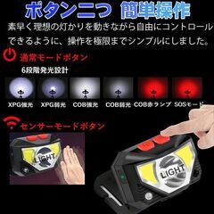 *センサー搭載★ LED ヘッドライト USB充電 軽量 6種発光 明るさ調節の画像