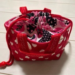 ハンドメイド ハート柄 プードル弁当袋　リボン付き