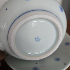 水色のドット模様スープカップとソーサーの画像