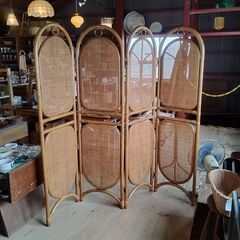良品】 ラタン 木製パーテーション 4連 レトロ アンティーク
