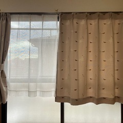 【取引終了】小鳥柄のカーテンセット（ドレープ＆レース）しっかり生地・落ち着いたブラウン系の画像