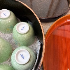 湯呑み　9客分　桶、お盆付きの画像