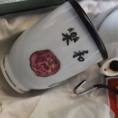 茶器セット、湯のみ5個、大皿1、武者小路実篤画、蓋付き、レトロ、未使用品の画像