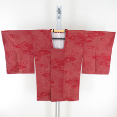 道行 庭園文様 赤色 正絹 着物コート 和装用 ちりよけ 身丈85cm