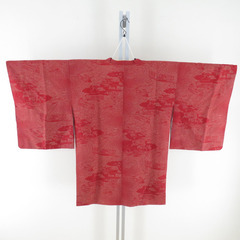 道行 庭園文様 赤色 正絹 着物コート 和装用 ちりよけ 身丈85cmの画像