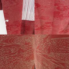 道行 庭園文様 赤色 正絹 着物コート 和装用 ちりよけ 身丈85cmの画像