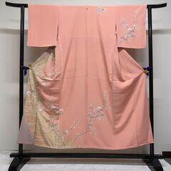 付け下げ　たたき染め　松　霞　ピンク　着物　021t