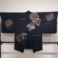 セミアンティーク　漆　色紙　風景模様　黒羽織　羽織　着物　023t