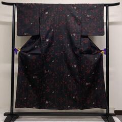ウール　銀通し　リーフ模様　小紋　着物　023tの画像