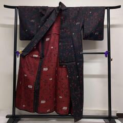 ウール　銀通し　リーフ模様　小紋　着物　023tの画像
