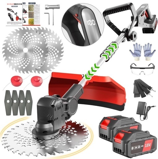 ❤️新品❤️草刈機 芝刈り機 充電式 18Vコードレス 替刃3種 2個バッテリー付 軽量