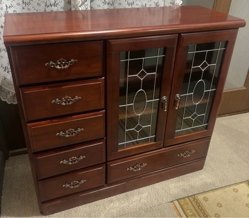 キャビネット 木製引き出し5段 アンティーク調 棚3段 ブラウン