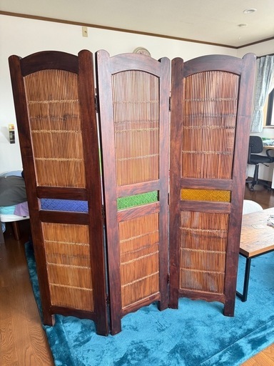 アジアン三連パーテーション、模様カラーガラス