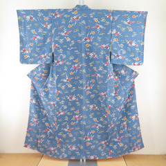 小紋 縮緬 型染め 水色ｘ多色 松竹梅に鳥模様 正絹 バチ衿 仕...