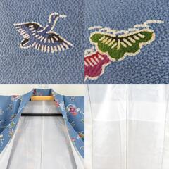 小紋 縮緬 型染め 水色ｘ多色 松竹梅に鳥模様 正絹 バチ衿 仕立て上がり着物 身丈152cm 【キモノオフ野々市若松店】の画像