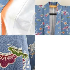 小紋 縮緬 型染め 水色ｘ多色 松竹梅に鳥模様 正絹 バチ衿 仕立て上がり着物 身丈152cm 【キモノオフ野々市若松店】の画像