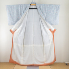 小紋 草花模様 灰色ｘ白色ｘ薄緑色 シルバー系 正絹 広衿 仕立て上がり着物 身丈156cm 【キモノオフ野々市若松店】の画像