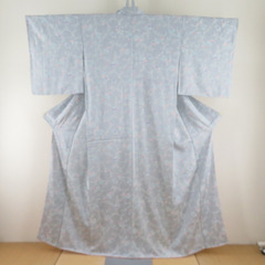 小紋 草花模様 灰色ｘ白色ｘ薄緑色 シルバー系 正絹 広衿 仕立...