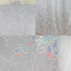 小紋 草花模様 灰色ｘ白色ｘ薄緑色 シルバー系 正絹 広衿 仕立て上がり着物 身丈156cm 【キモノオフ野々市若松店】の画像