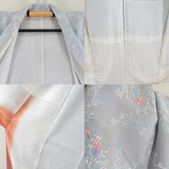 小紋 草花模様 灰色ｘ白色ｘ薄緑色 シルバー系 正絹 広衿 仕立て上がり着物 身丈156cm 【キモノオフ野々市若松店】の画像