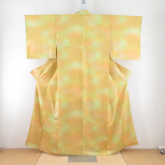 色無地 ぼかし色無地 黄色x黄緑 地紋入り 梅模様 広衿 絹 仕...