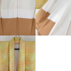 色無地 ぼかし色無地 黄色x黄緑 地紋入り 梅模様 広衿 絹 仕立て上がり 身丈156cm 【キモノオフ野々市若松店】の画像