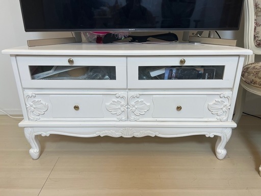 アンティーク　ハンドメイド　バリ島　手彫り　ホワイトテレビボード