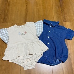 ウサギ刺繍フリルロンパース2点セット 80の画像