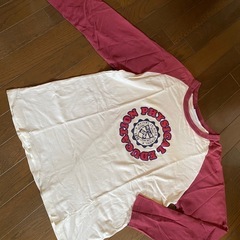 アメカジリングロングTシャツロンTカレッジプリントスタジャンスタイルスタジャンジャンパーホワイト　ワインレッドリング長袖 古着の画像