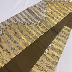 袋帯　横縞　七宝　楕円　菱形　花模様　ゴールド　シルバー　着物　023tの画像