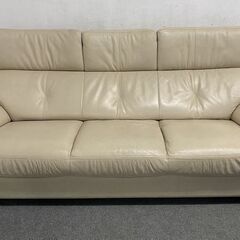 カリモク レザーソファ 幅198 本革 トリプルソファ ソフトグレインホワイト/シアーホワイト リビング ZT7303 中古家具 店頭引取歓迎 R9613の画像
