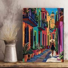 希少　巨大サイズ約90x60センチ　メキシコの独特な街風景 ストリートを歩く女性の画像