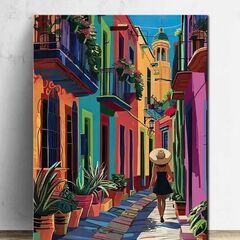 希少　巨大サイズ約90x60センチ　メキシコの独特な街風景 ストリートを歩く女性の画像
