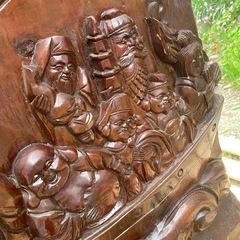 唐木　衝立　七福神　宝船　天然木彫刻　縁起物　オブジェ　中国製　一本木の画像