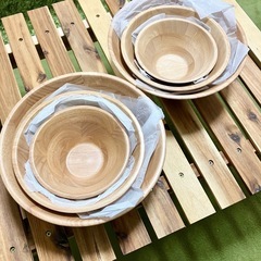 新品 サラダボウル 木製カトラリー プレート ラバーウッド ナチュラル 天然木 食器 皿 お椀  フルーツ スープ ボウル パスタ キッチンの画像