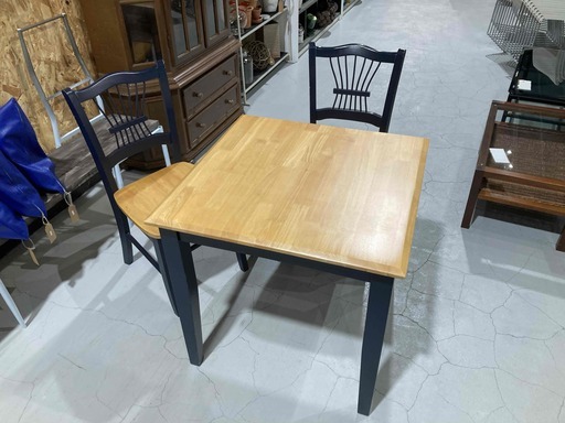 B30★ダイニング3点セット★ 2人用 羽目板テーブル W76cm ナチュラル ウッディー＋ネイビー 北欧スタイル カフェ
