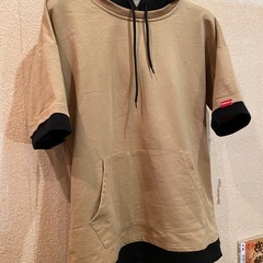 美品フードパーカーフーディ半袖TシャツトレーナースウェットレイヤードプルオーバーHoodieメンズレディースユニセックス黒ベージュの画像