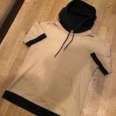 美品フードパーカーフーディ半袖TシャツトレーナースウェットレイヤードプルオーバーHoodieメンズレディースユニセックス黒ベージュの画像