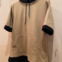 美品フードパーカーフーディ半袖TシャツトレーナースウェットレイヤードプルオーバーHoodieメンズレディースユニセックス黒ベージュの画像