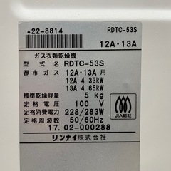 Panasonic/パナソニック ガス衣類乾燥機 RDTC-53S 2017年製 都市ガス用 実動品の画像