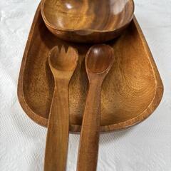 【美品未使用】木製サラダボウル＆トングセット 天然木 カフェ風食器