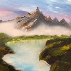風景画 油彩 山と川の風景　F20の画像