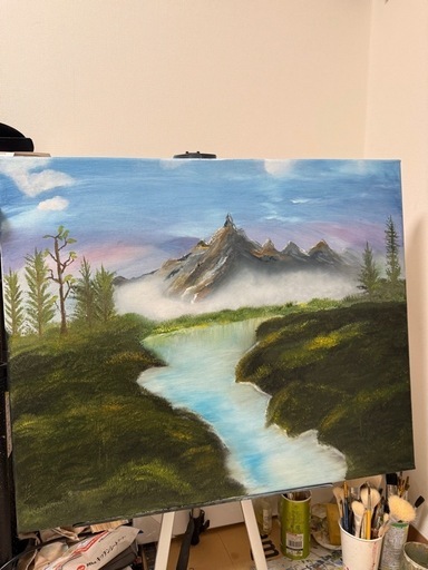 風景画 油彩 山と川の風景　F20