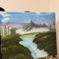 風景画 油彩 山と川の風景　F20
