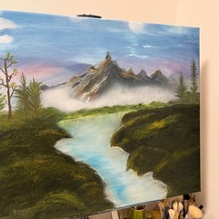 風景画 油彩 山と川の風景　F20の画像
